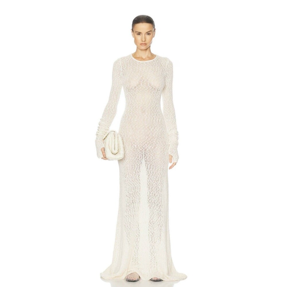Helsa Tatum Dress Size S Ivory Open Knit Semi Sheer Maxi Long Sleeve Clean Girl